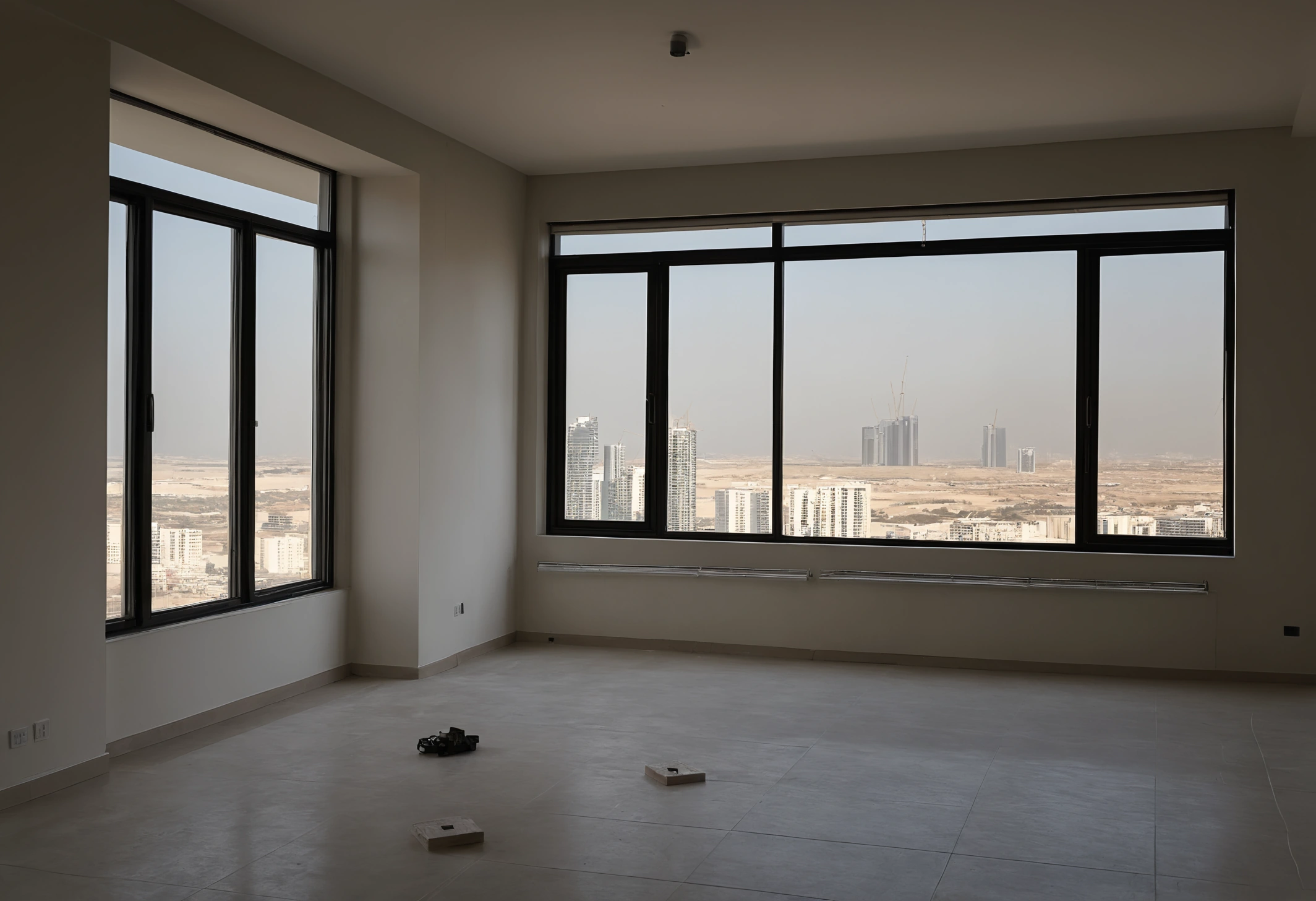 Empty high-floor Dubai apartment at handover with bare polished porcelain floors and floor-to-ceiling glazing