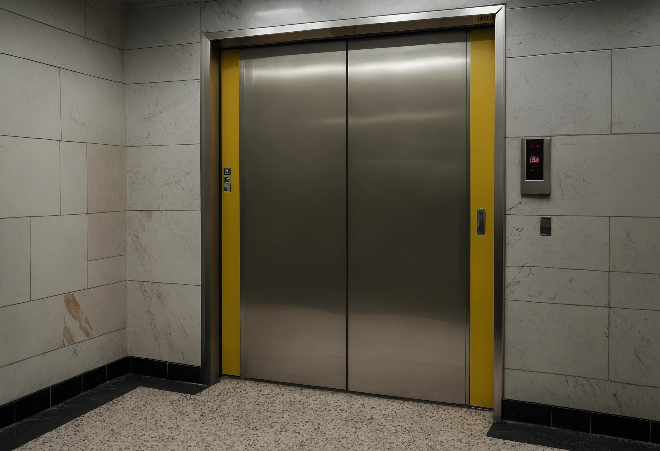 Tape measure extended across the open door of a residential building service lift, showing the car opening width
