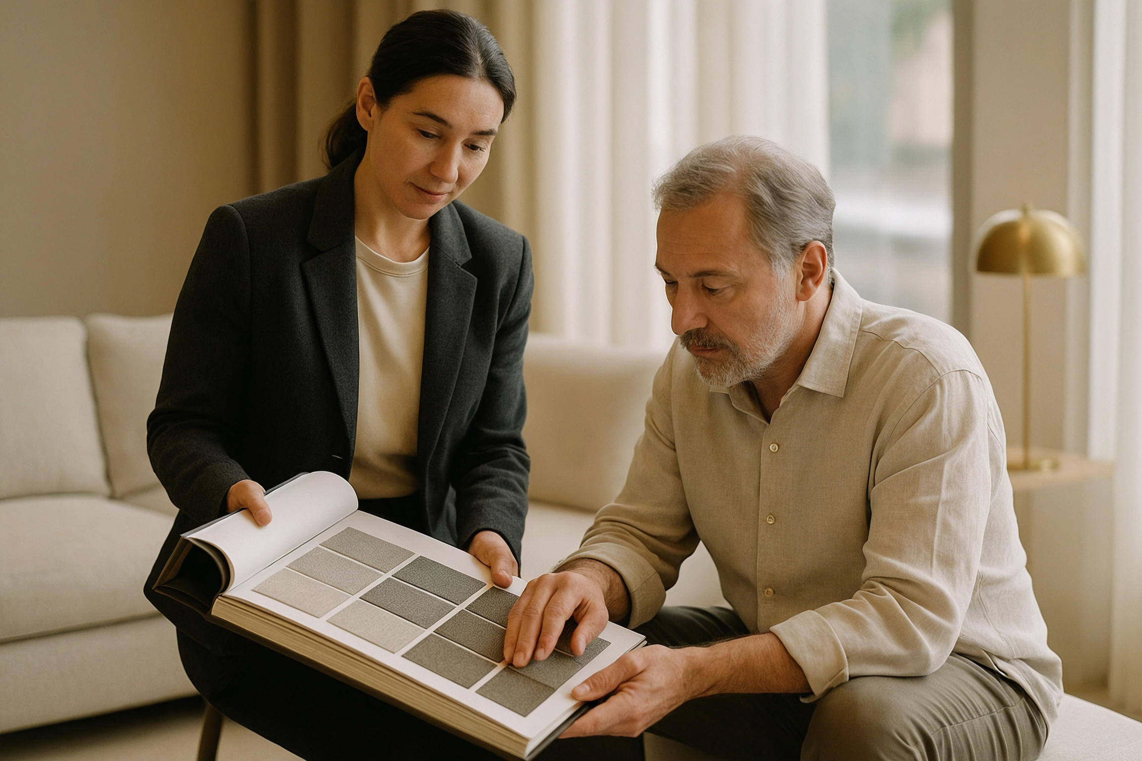 Showroom consultant presenting a fabric sample book to a seated client beside a linen sofa