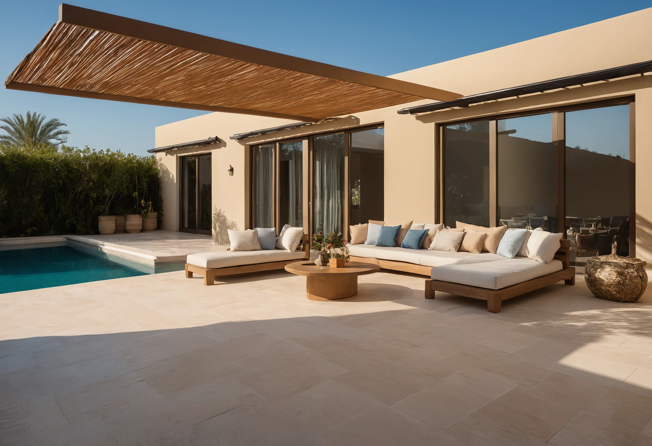 Covered outdoor terrace of a Dubai villa with weatherproof seating, stone flooring and a shaded pergola